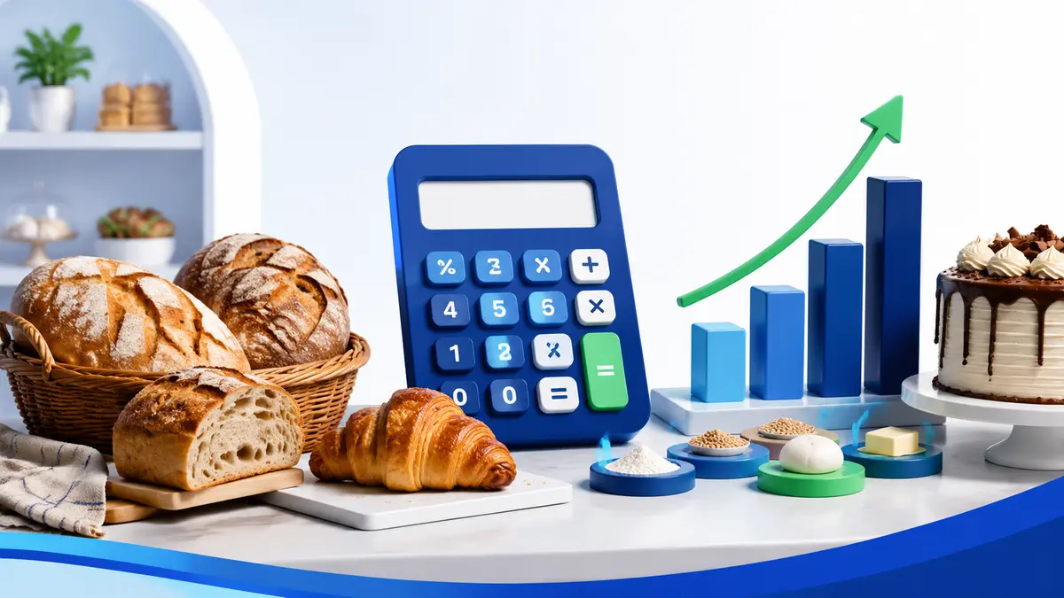 Produtos de padaria, calculadora e gráfico de margem