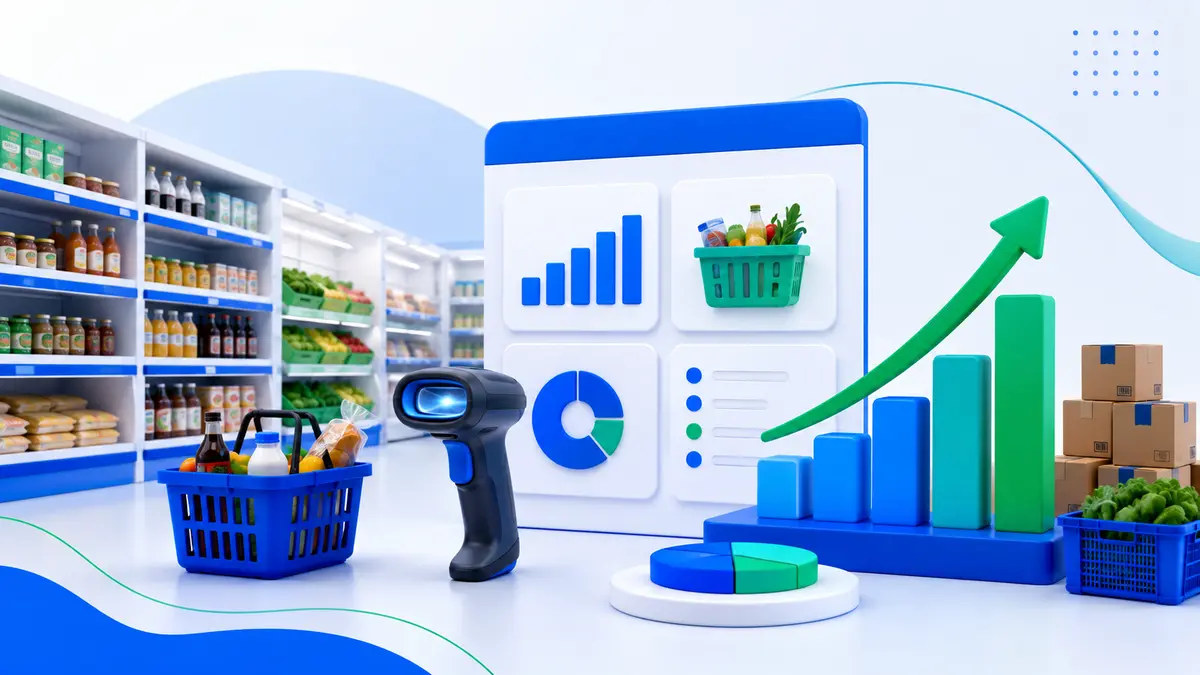 Supermercado organizado com estoque e indicadores de crescimento
